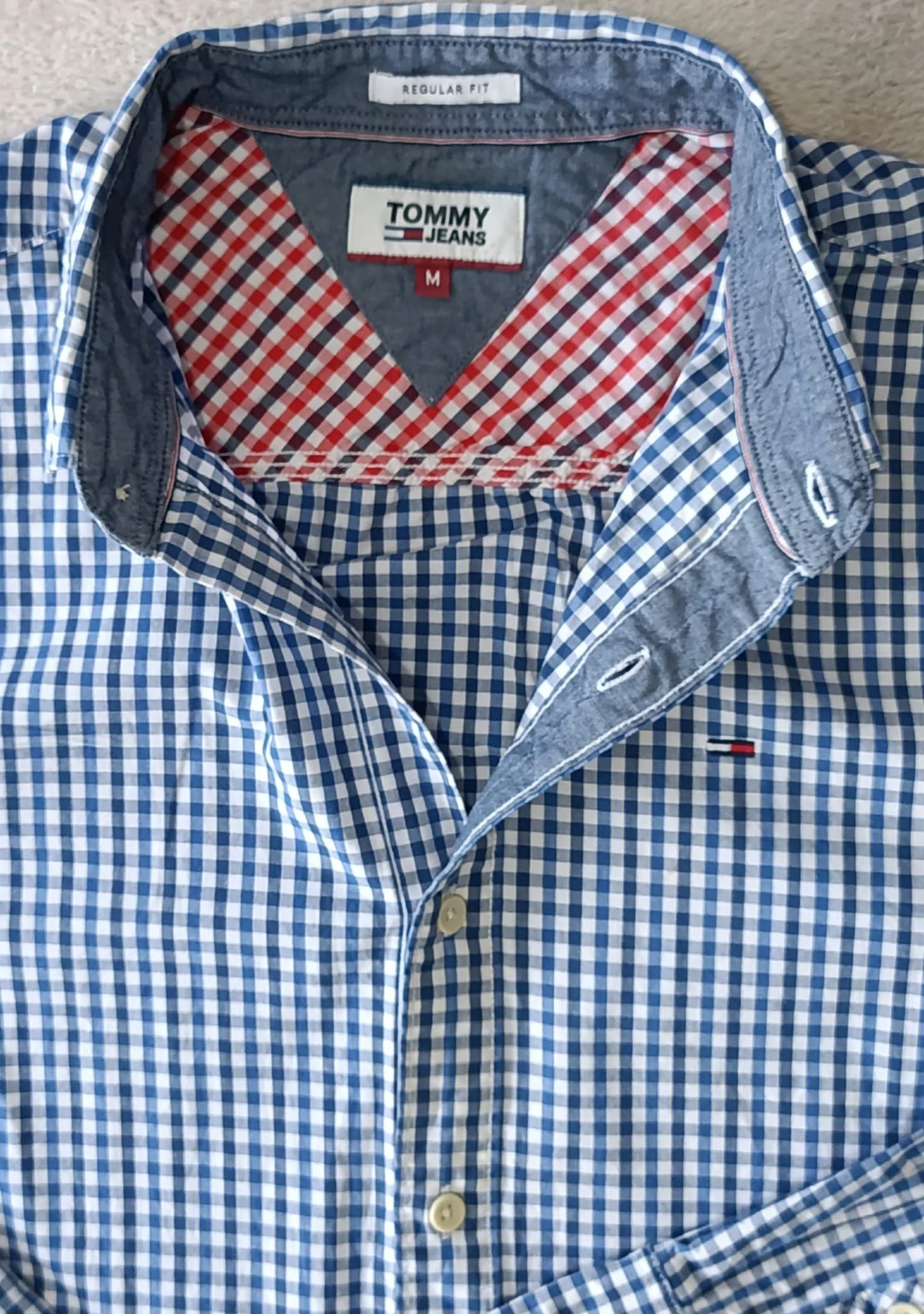 Camisa Tommy Jeans azul a cuadros blancos Logo bordado Talla M – photo 5